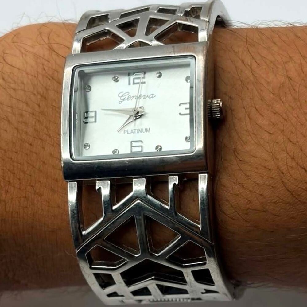 Silver Geometric Geneva Cuff Watch